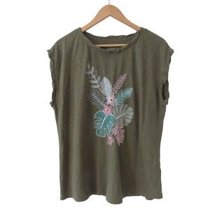 Talbots Floral Embroidered Tee Large Green Pink Short Sleeve Cotton Garden Fairy